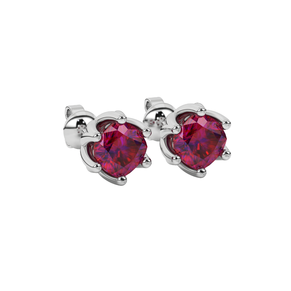 Red cushion cut floral stud earrings in yellow gold with six prong flower setting