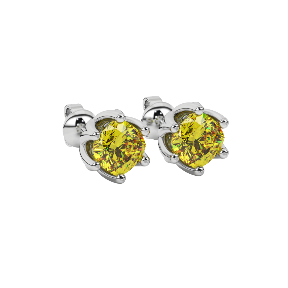 Yellow cushion cut floral stud earrings in white gold with six prong flower setting