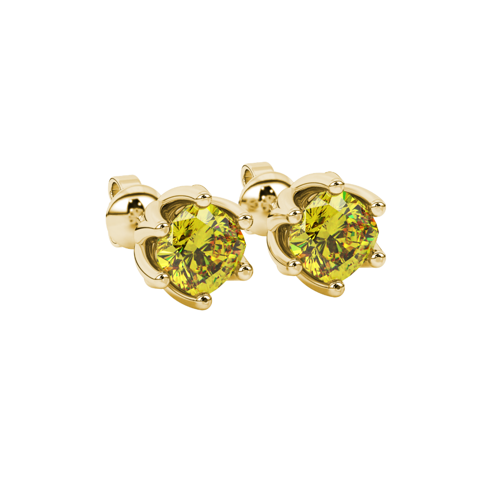 Yellow cushion cut floral stud earrings in white gold with six prong flower setting