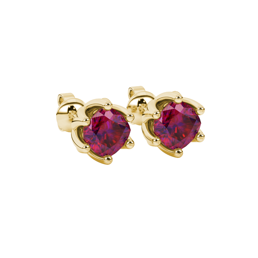 Red cushion cut floral stud earrings in yellow gold with six prong flower setting
