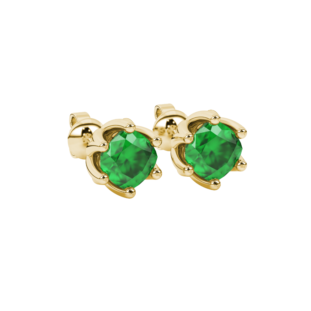 Green cushion cut floral stud earrings in yellow gold with six prong flower setting