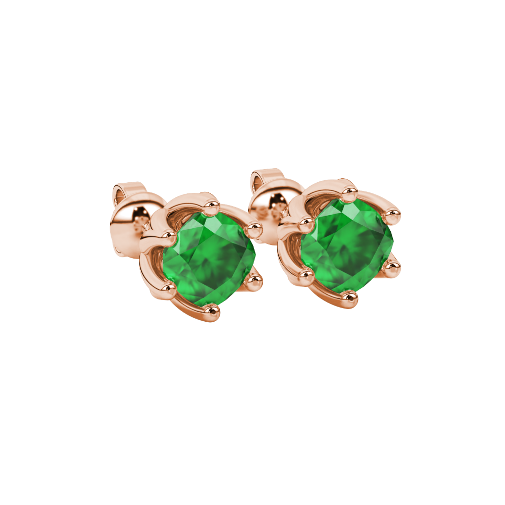Green cushion cut floral stud earrings in yellow gold with six prong flower setting
