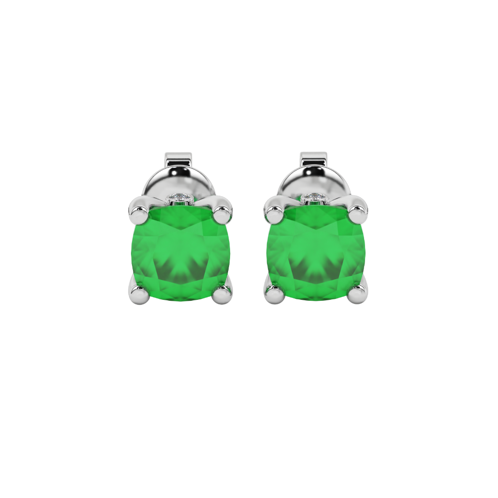 Green cushion cut solitaire stud earrings with accent diamonds in white gold four prong setting