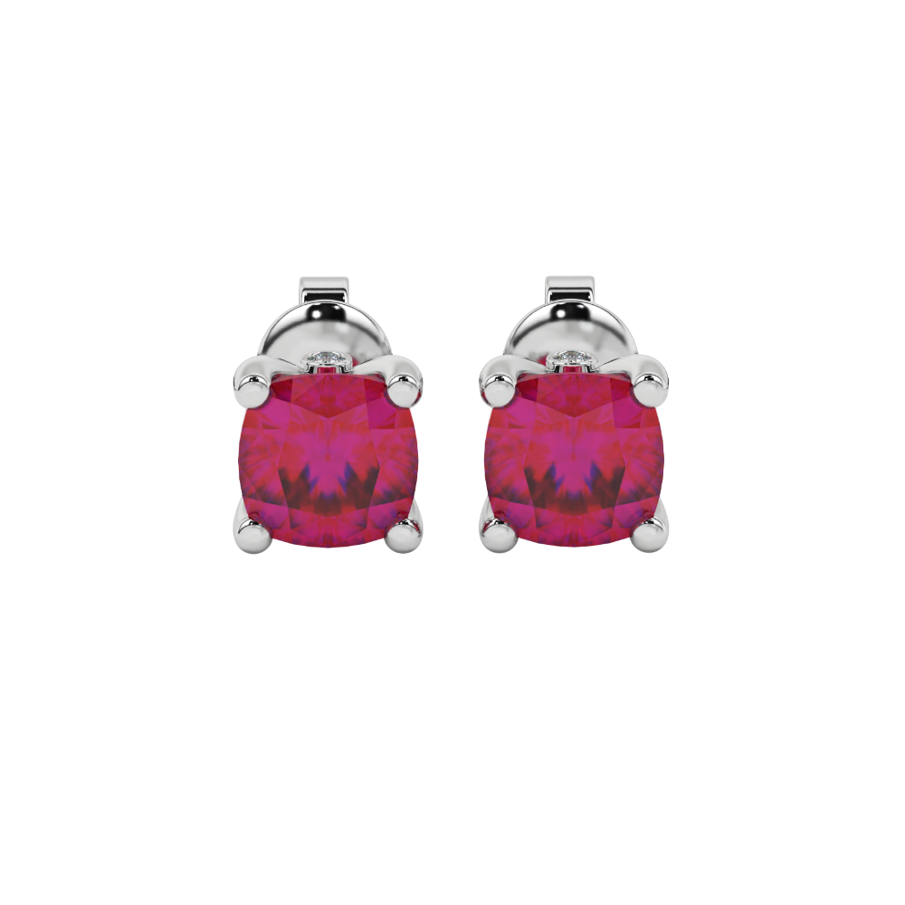Red cushion cut solitaire stud earrings with accent diamonds in white gold four prong setting