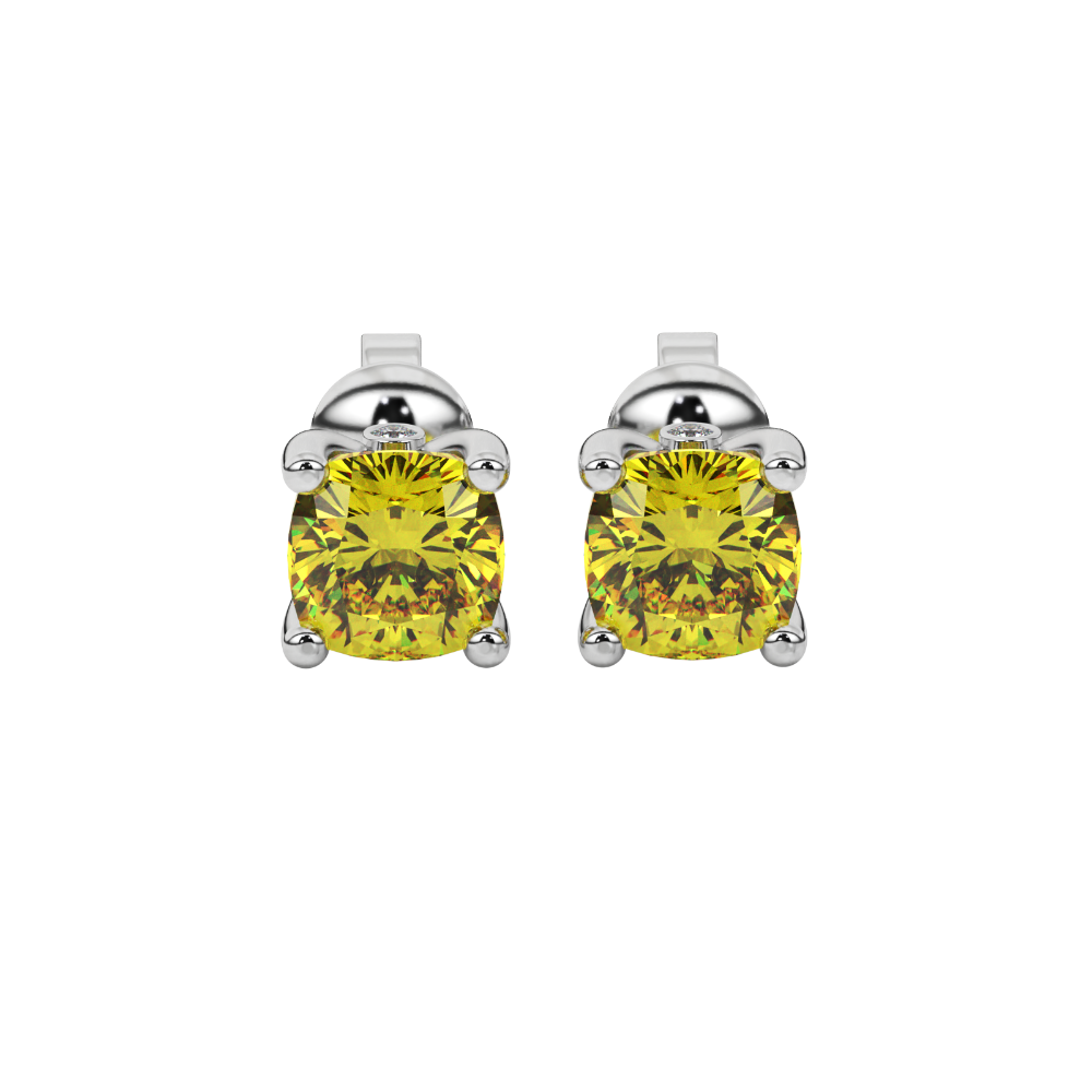 Yellow cushion cut solitaire stud earrings with accent diamonds in yellow gold four prong setting