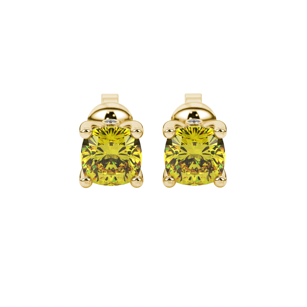 Yellow cushion cut solitaire stud earrings with accent diamonds in yellow gold four prong setting
