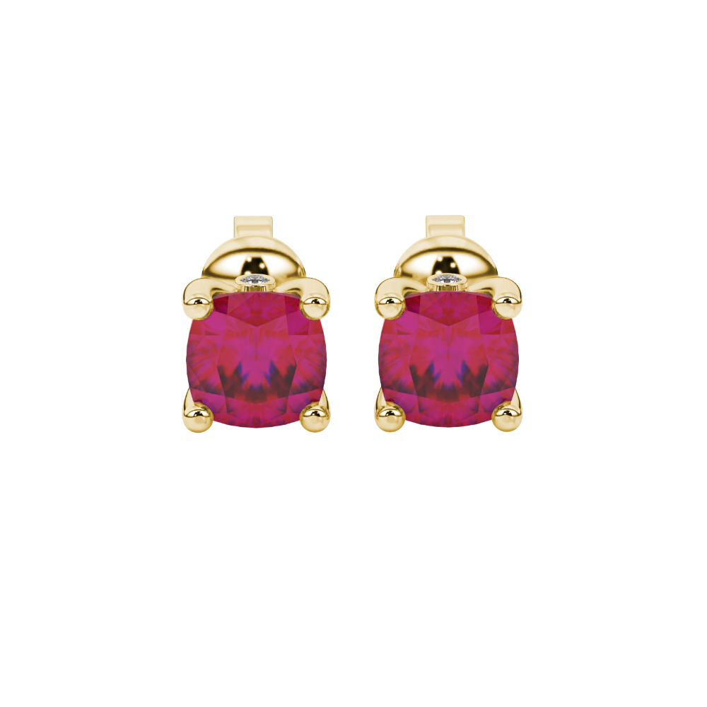 Red cushion cut solitaire stud earrings with accent diamonds in white gold four prong setting