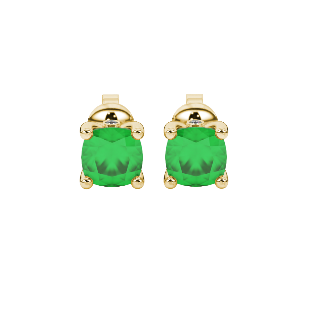 Green cushion cut solitaire stud earrings with accent diamonds in white gold four prong setting