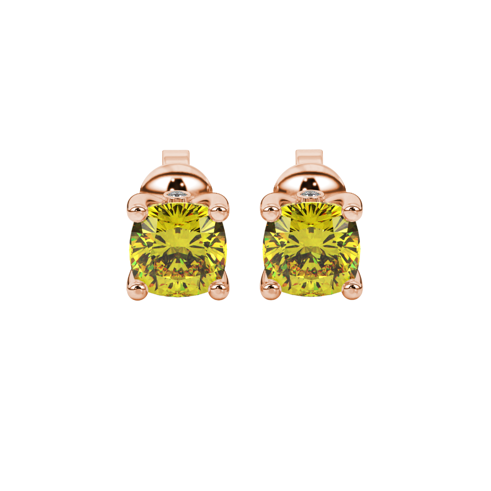 Yellow cushion cut solitaire stud earrings with accent diamonds in yellow gold four prong setting