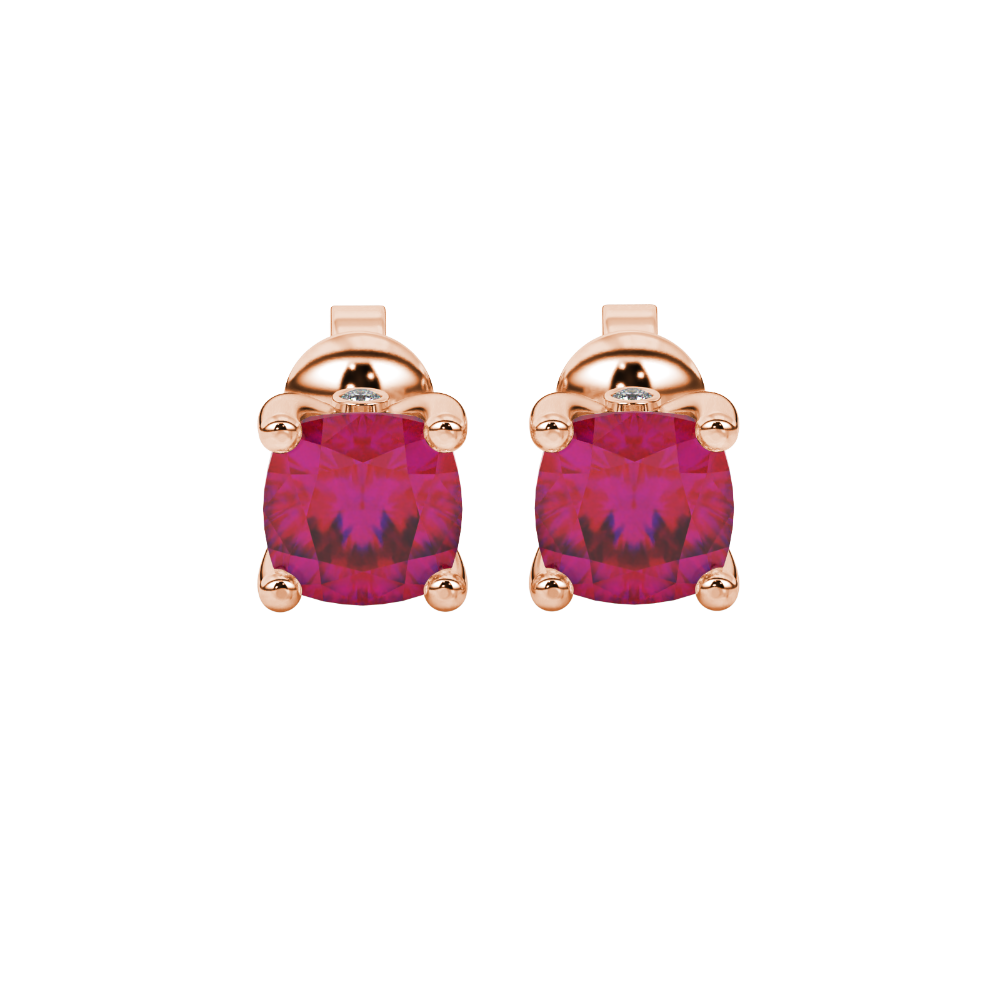 Red cushion cut solitaire stud earrings with accent diamonds in white gold four prong setting