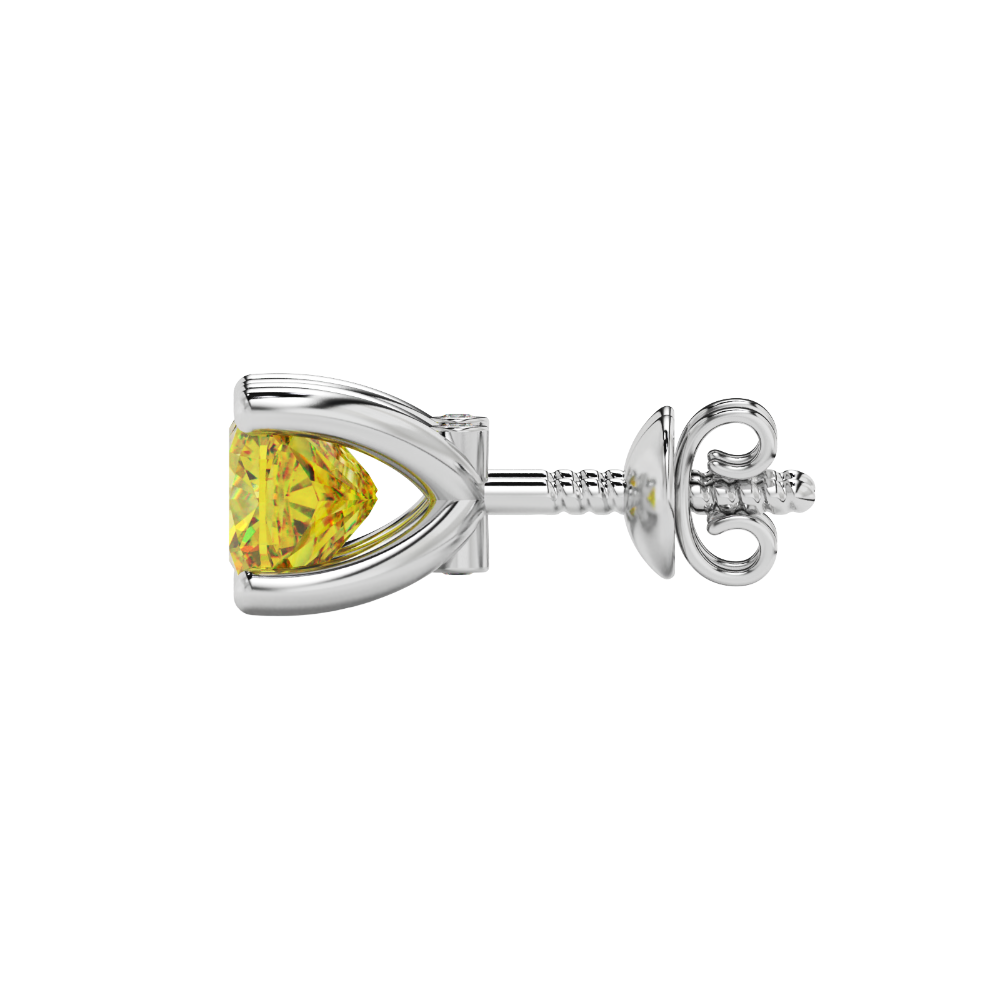 Yellow cushion cut solitaire stud earrings with accent diamonds in yellow gold four prong setting