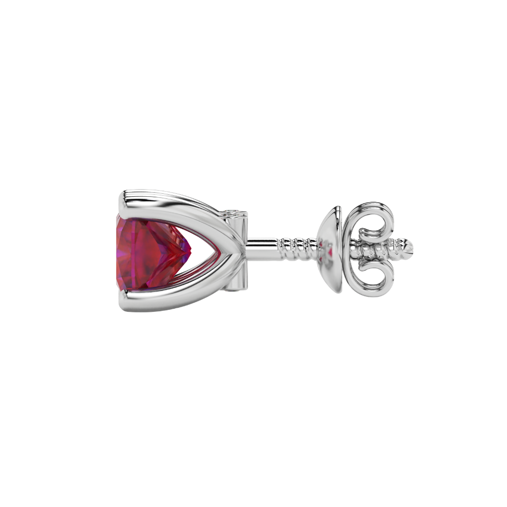 Red cushion cut solitaire stud earrings with accent diamonds in white gold four prong setting