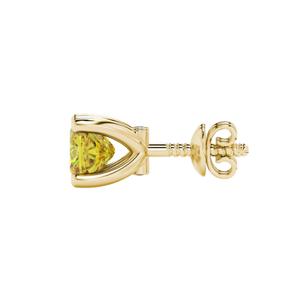 Yellow cushion cut solitaire stud earrings with accent diamonds in yellow gold four prong setting