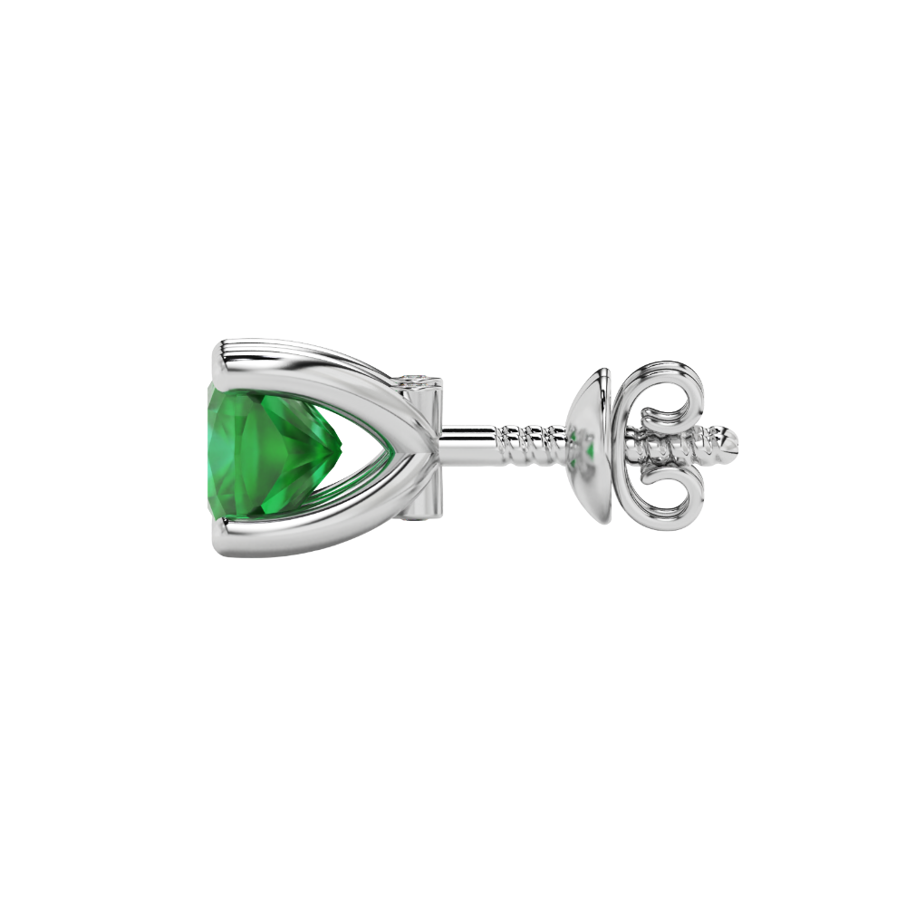 Green cushion cut solitaire stud earrings with accent diamonds in white gold four prong setting