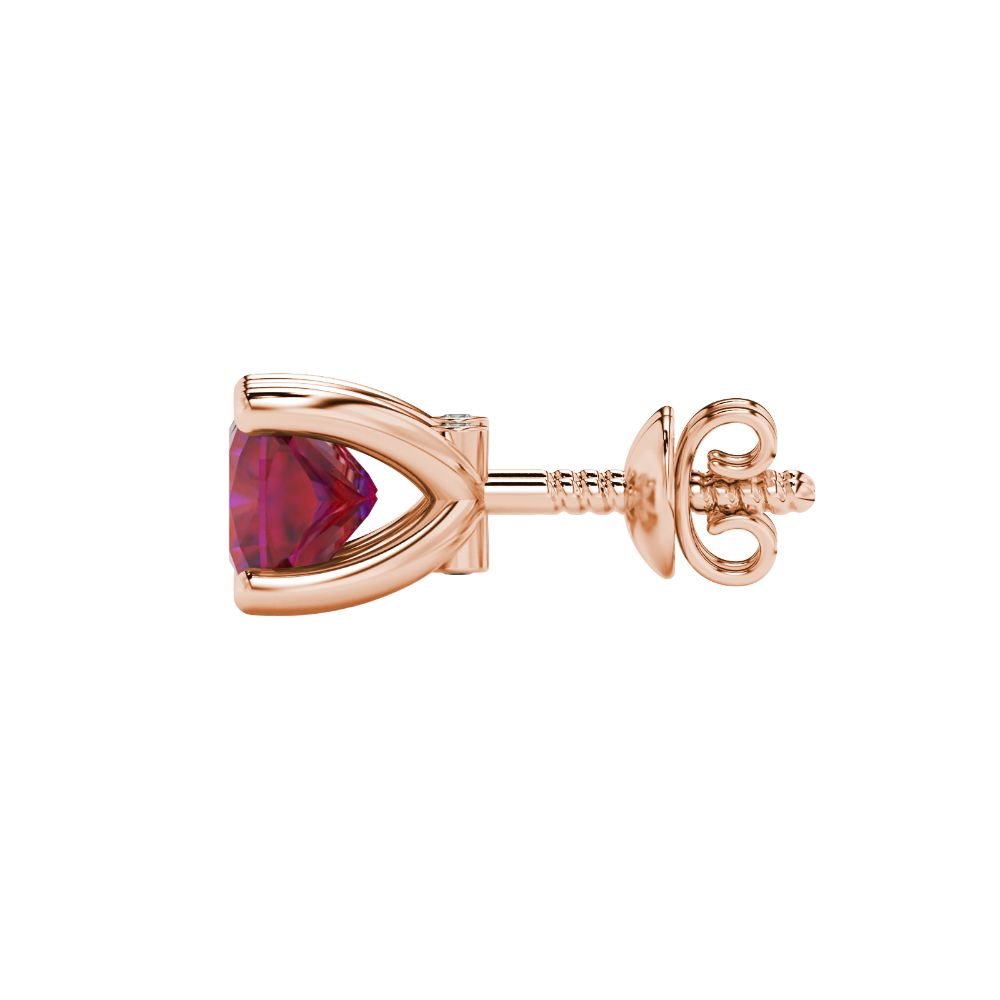 Red cushion cut solitaire stud earrings with accent diamonds in white gold four prong setting