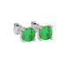 Green cushion cut solitaire stud earrings with accent diamonds in white gold four prong setting