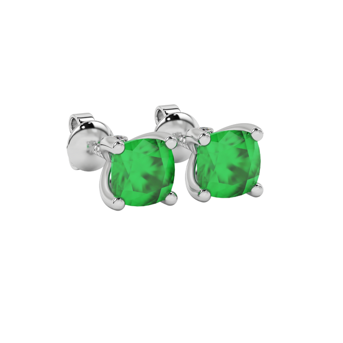 Green cushion cut solitaire stud earrings with accent diamonds in white gold four prong setting