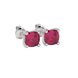 Red cushion cut solitaire stud earrings with accent diamonds in white gold four prong setting