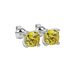 Yellow cushion cut solitaire stud earrings with accent diamonds in yellow gold four prong setting