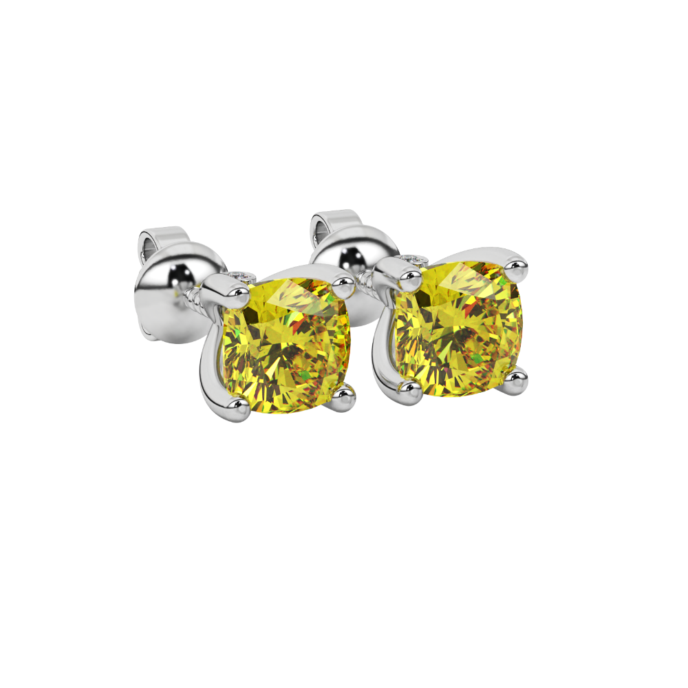 Yellow cushion cut solitaire stud earrings with accent diamonds in yellow gold four prong setting