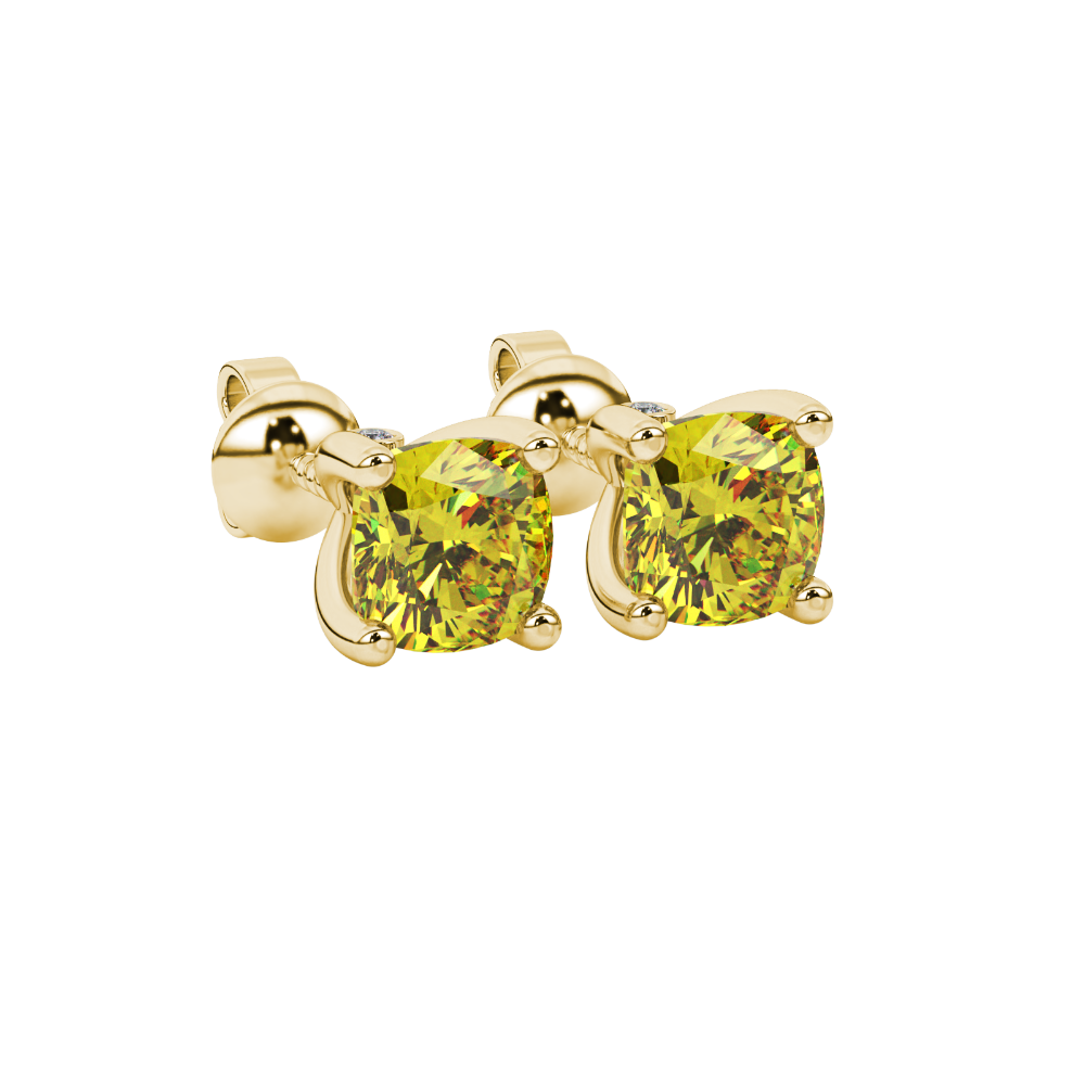 Yellow cushion cut solitaire stud earrings with accent diamonds in yellow gold four prong setting