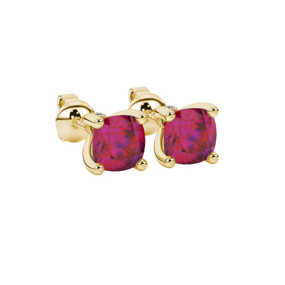 Red cushion cut solitaire stud earrings with accent diamonds in white gold four prong setting