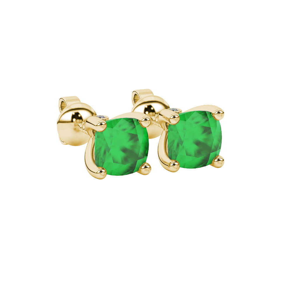 Green cushion cut solitaire stud earrings with accent diamonds in white gold four prong setting