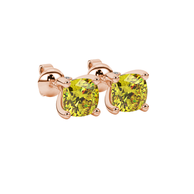 Canary Yellow cushion surprise diamond gemstone stud earrings in Rose Gold