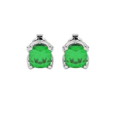Emerald Green cushion tulip basket gemstone stud earrings in White Gold