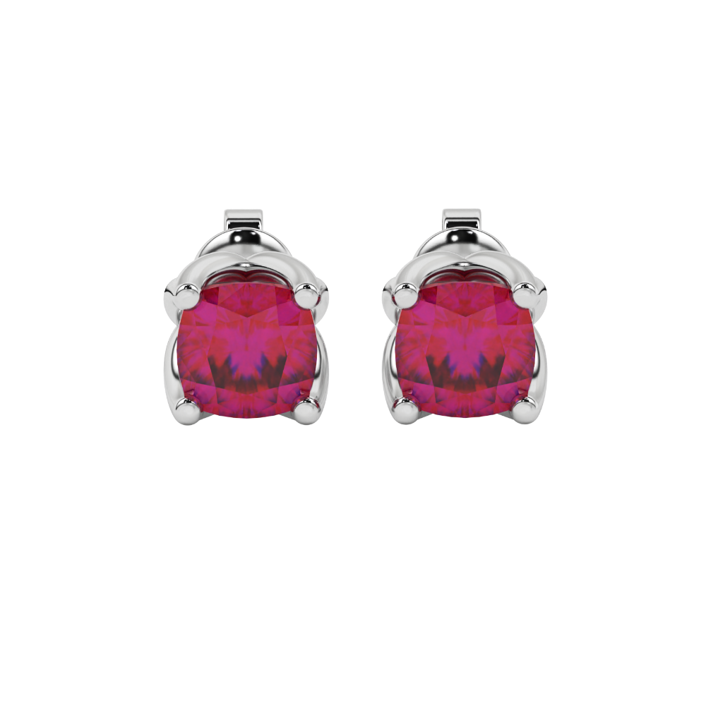 Red cushion cut tulip basket solitaire stud earrings in rose gold four prong setting