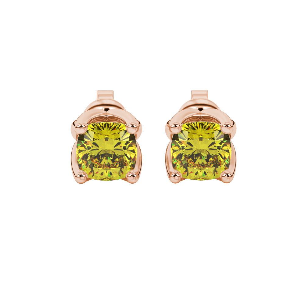 Yellow cushion cut tulip basket solitaire stud earrings in rose gold four prong setting