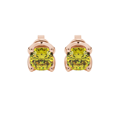Yellow cushion cut tulip basket solitaire stud earrings in rose gold four prong setting