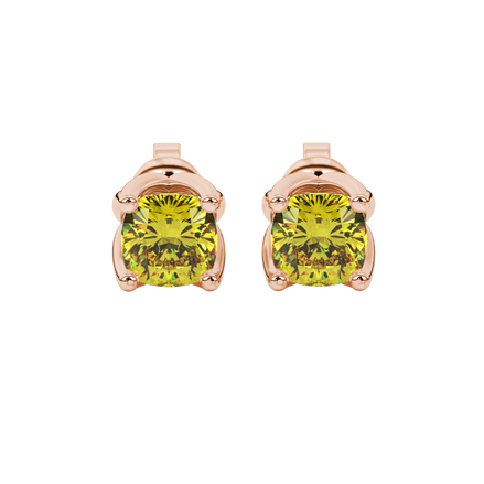 Yellow cushion cut tulip basket solitaire stud earrings in rose gold four prong setting