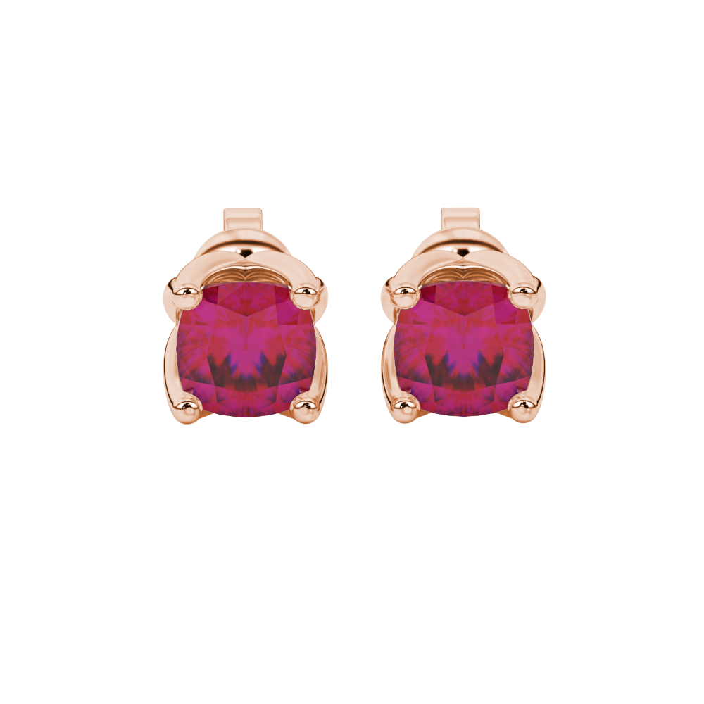 Red cushion cut tulip basket solitaire stud earrings in rose gold four prong setting