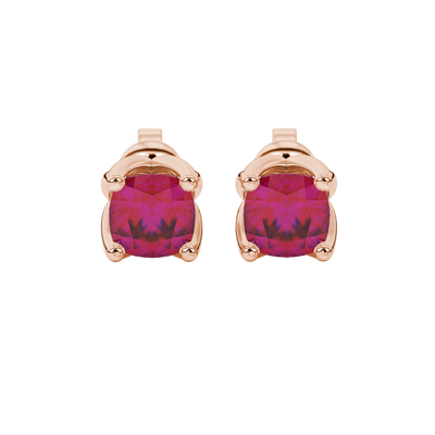 Red cushion cut tulip basket solitaire stud earrings in rose gold four prong setting