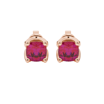 Red cushion cut tulip basket solitaire stud earrings in rose gold four prong setting