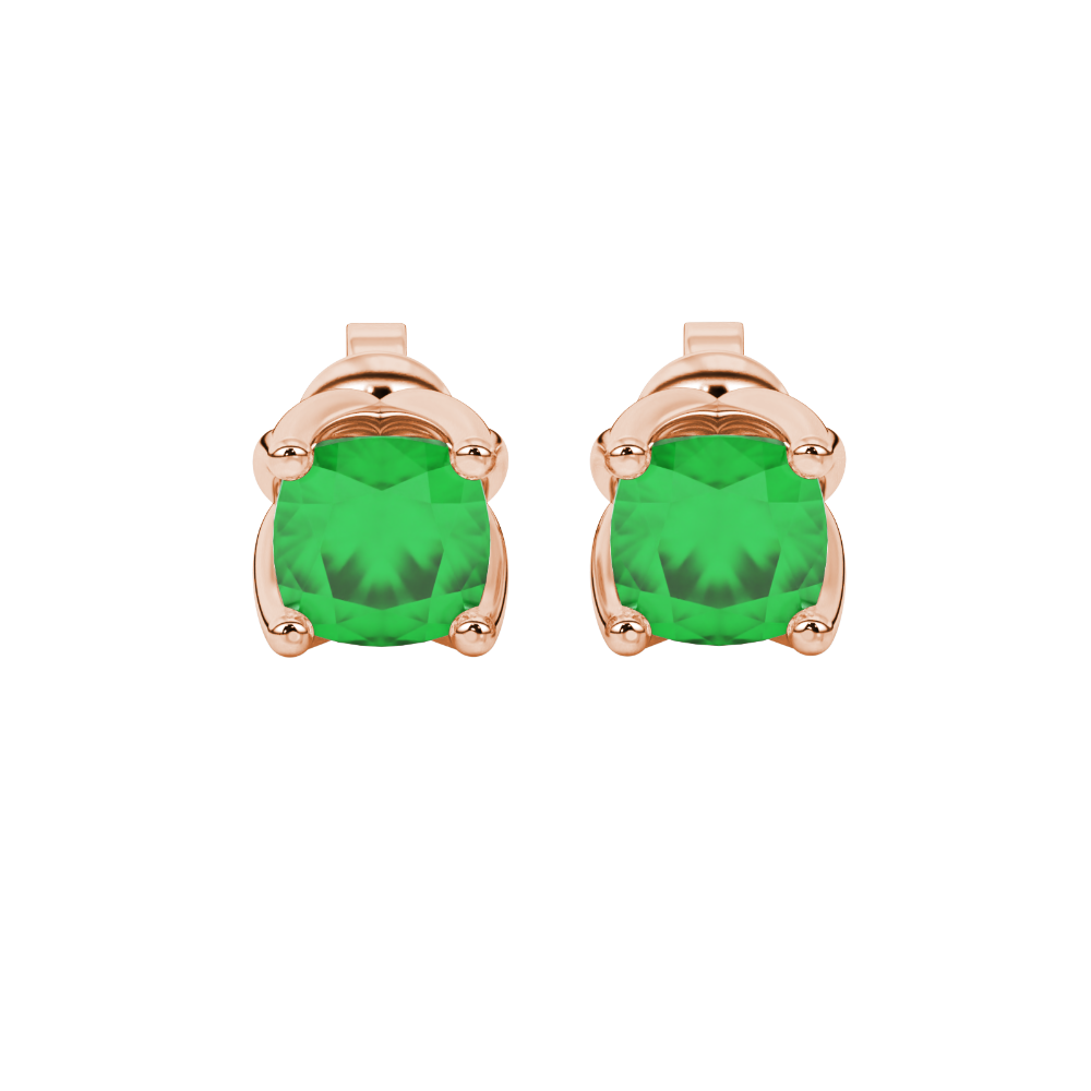 Green cushion cut tulip basket solitaire stud earrings in rose gold four prong setting