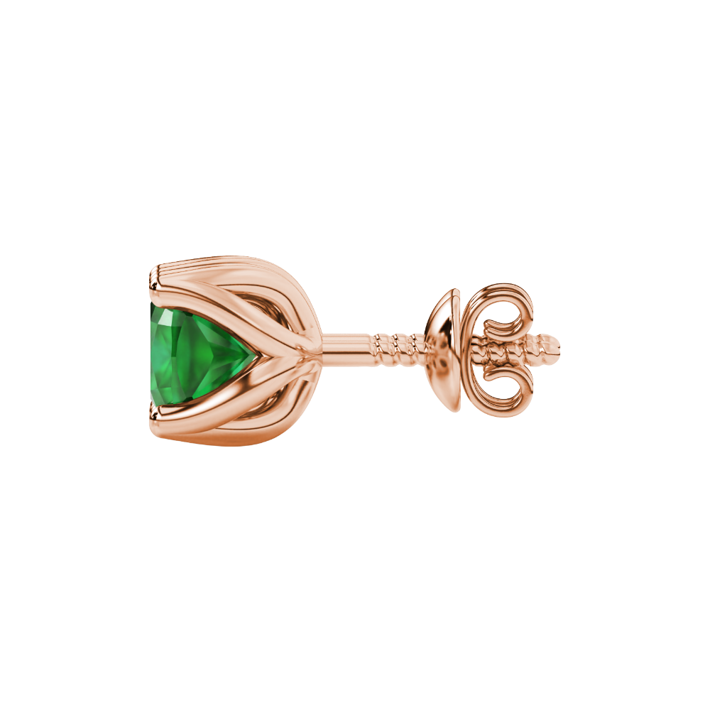 Green cushion cut tulip basket solitaire stud earrings in rose gold four prong setting