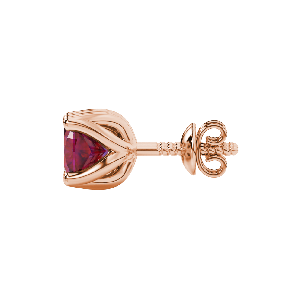 Red cushion cut tulip basket solitaire stud earrings in rose gold four prong setting