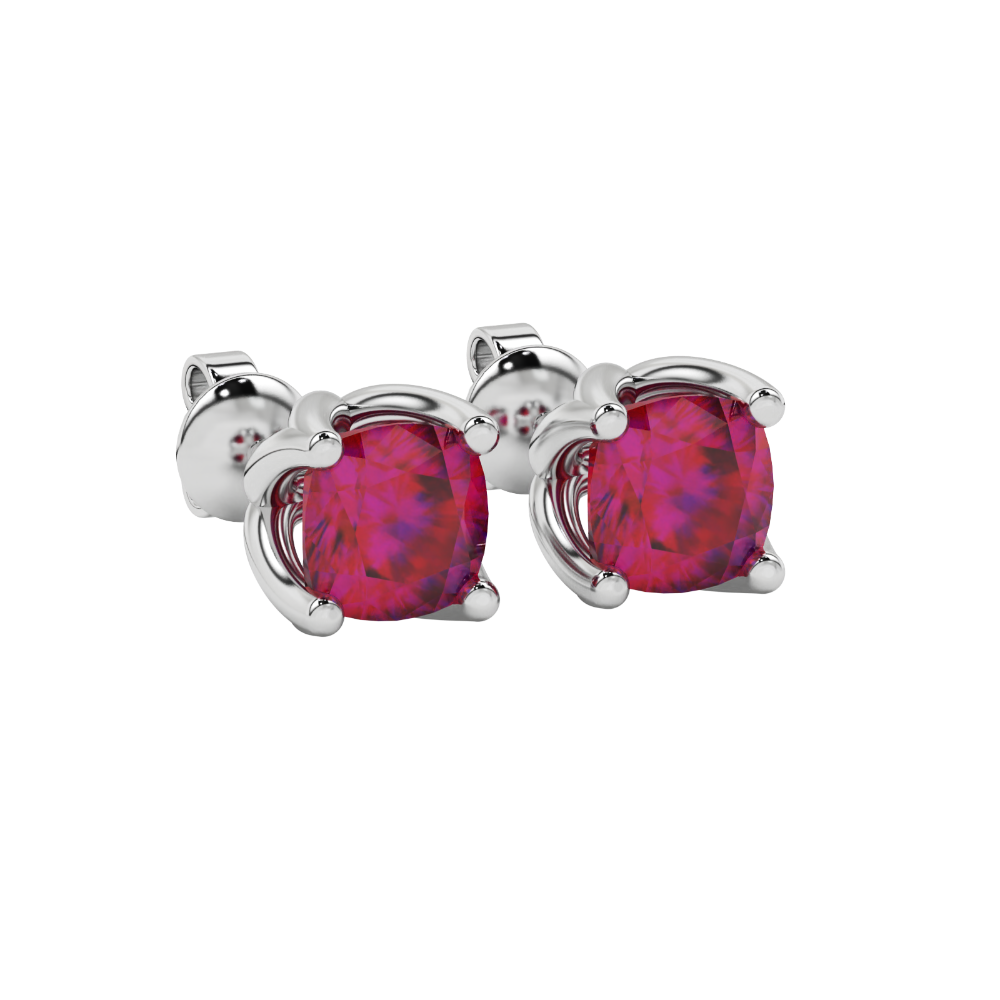 Red cushion cut tulip basket solitaire stud earrings in rose gold four prong setting
