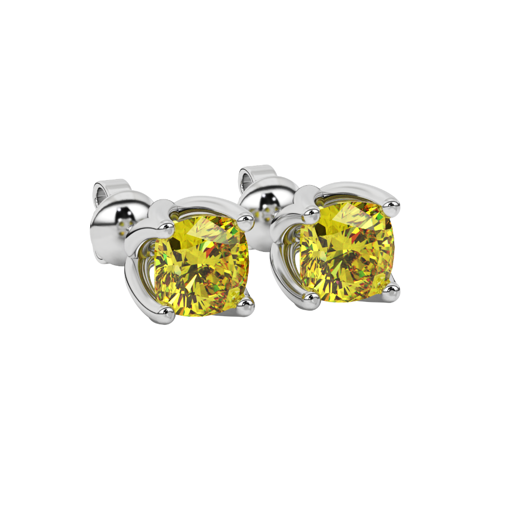 Yellow cushion cut tulip basket solitaire stud earrings in rose gold four prong setting