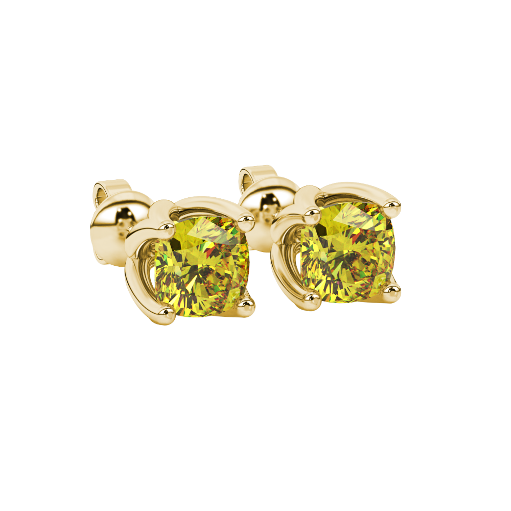 Yellow cushion cut tulip basket solitaire stud earrings in rose gold four prong setting