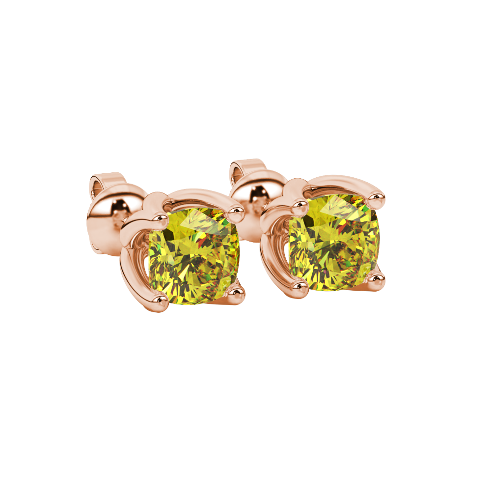 Yellow cushion cut tulip basket solitaire stud earrings in rose gold four prong setting