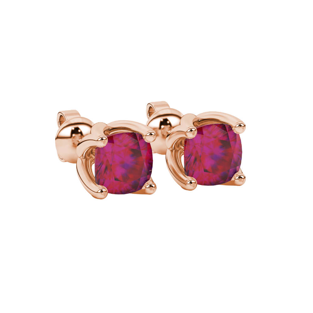 Red cushion cut tulip basket solitaire stud earrings in rose gold four prong setting