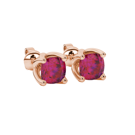 Red cushion cut tulip basket solitaire stud earrings in rose gold four prong setting