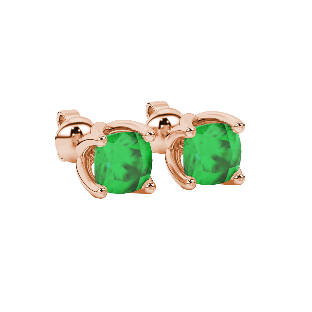 Green cushion cut tulip basket solitaire stud earrings in rose gold four prong setting