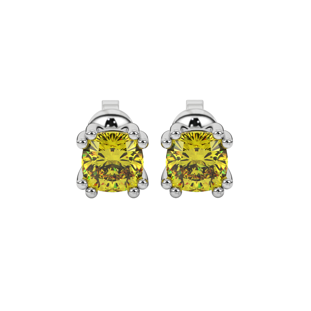 Yellow cushion cut floral crown stud earrings in rose gold multi-prong setting