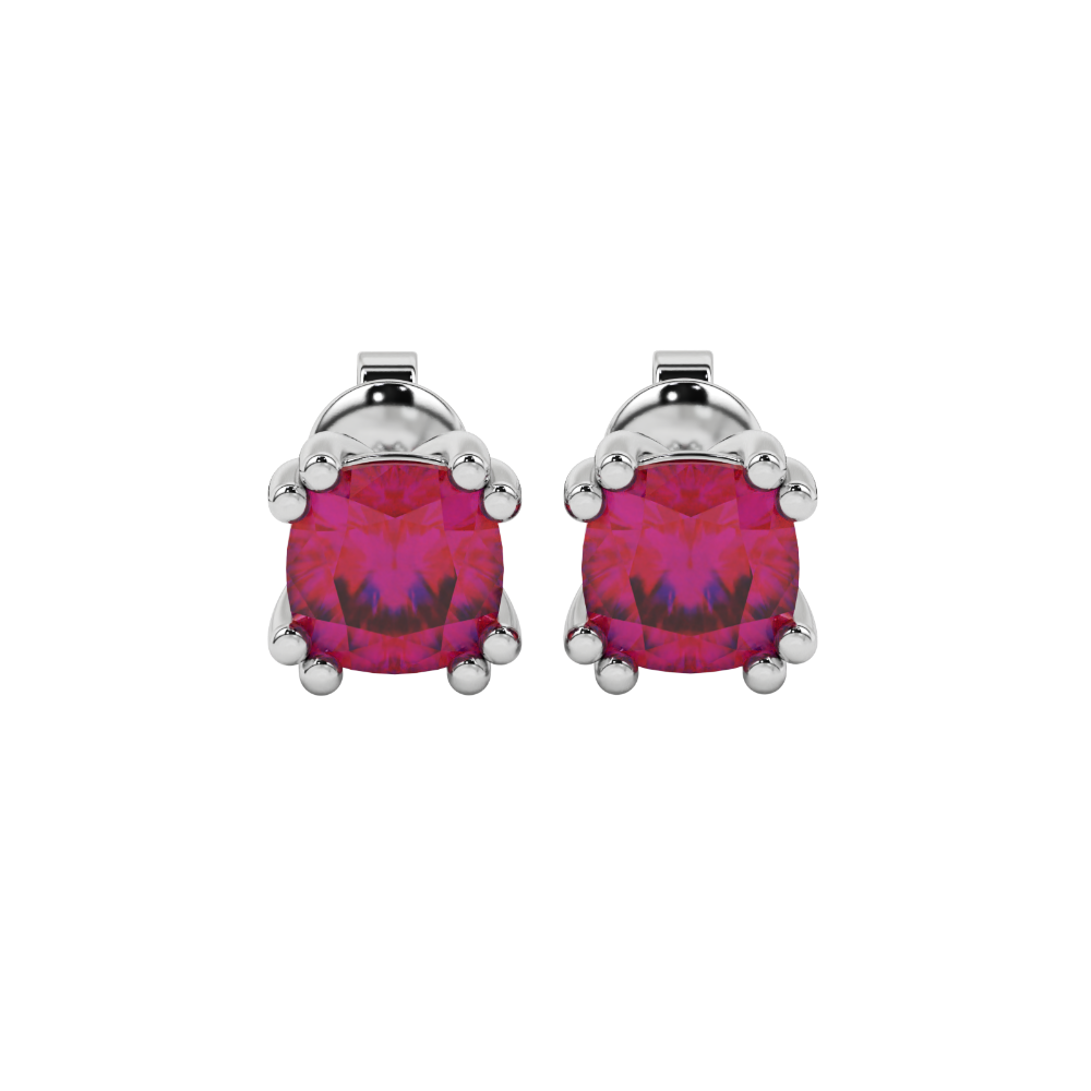 Red cushion cut floral crown stud earrings in rose gold multi-prong setting