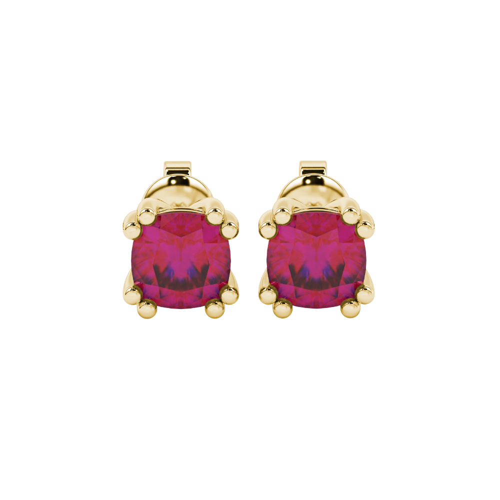 Red cushion cut floral crown stud earrings in rose gold multi-prong setting