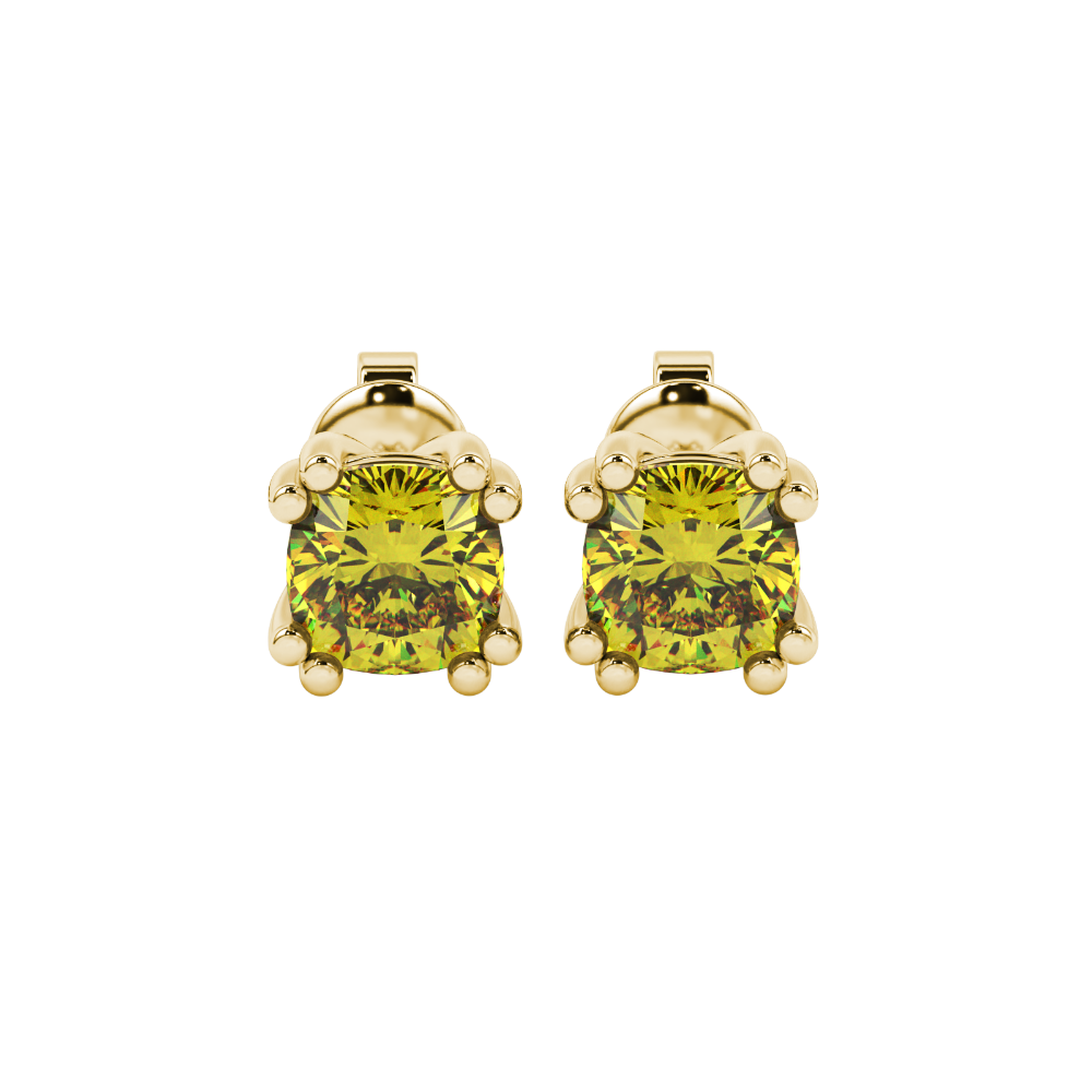 Yellow cushion cut floral crown stud earrings in rose gold multi-prong setting